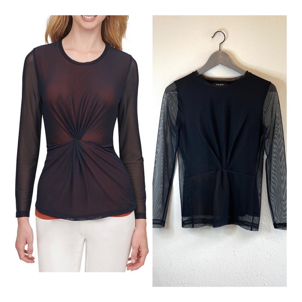 DKNY Twist Front Mesh Black Long Sleeve Women’s Top Size XS NWT